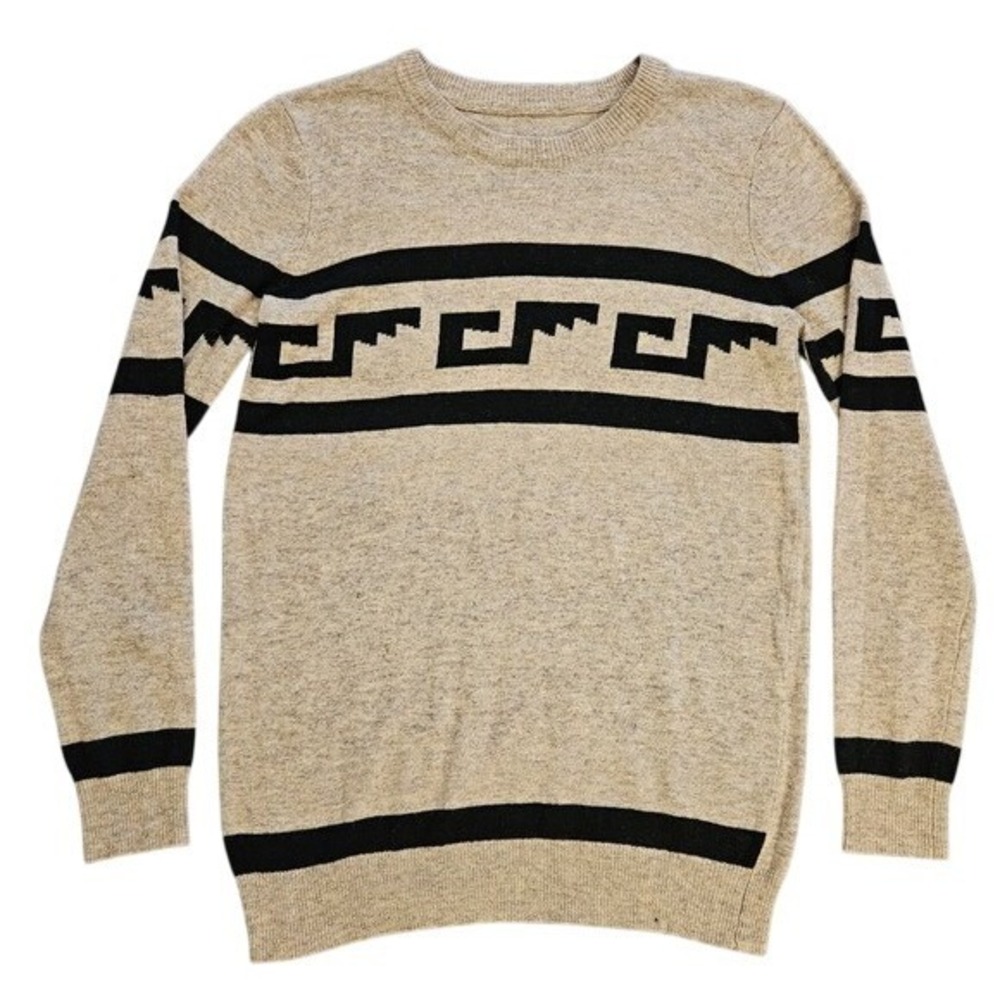 Southwestern Geometric Tribal‎ Crewneck Sweater Oatmeal Black Greek Key Motif